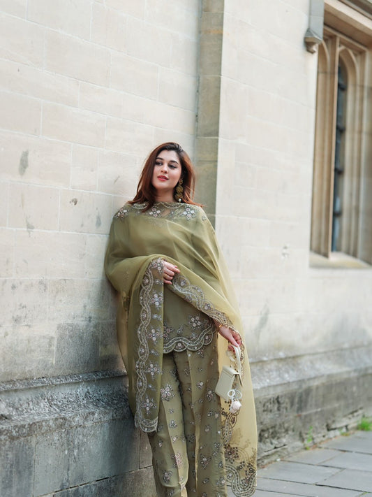 Designer French Crepe Silk Embroidered Sharara Set