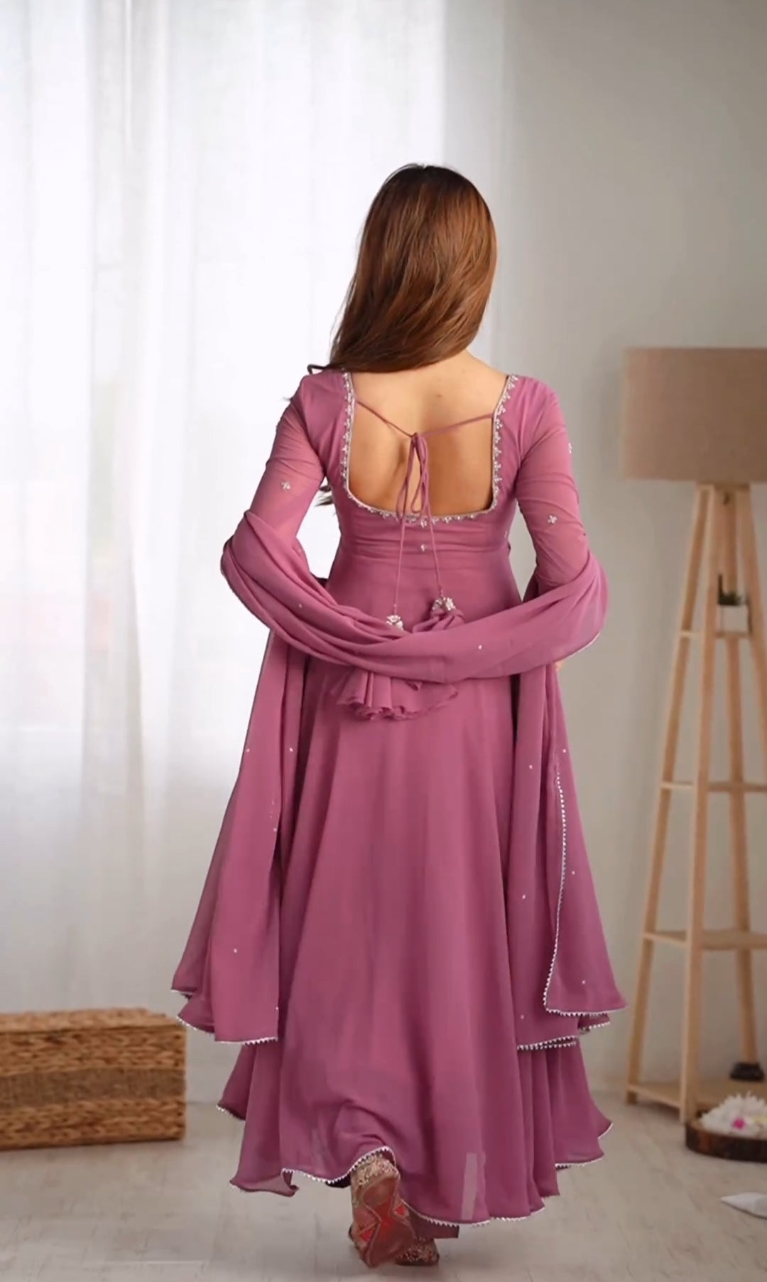Premium Faux Georgette Embroidered Gown with Pant & Dupatta Set