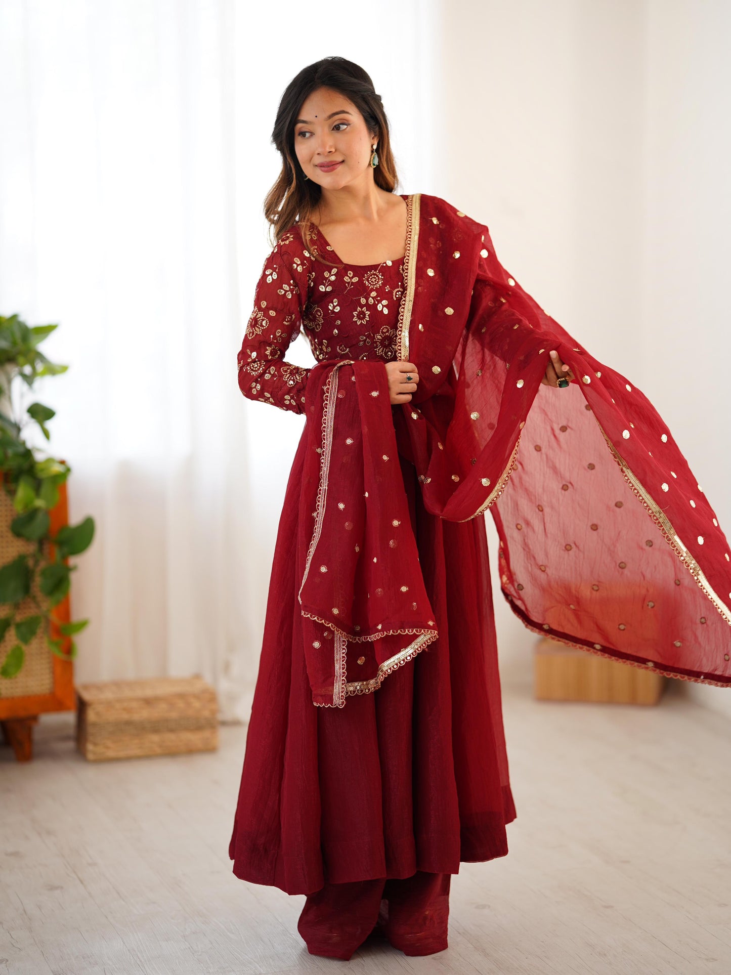 Elegant Crunchy Silk Gown Set with Dupatta