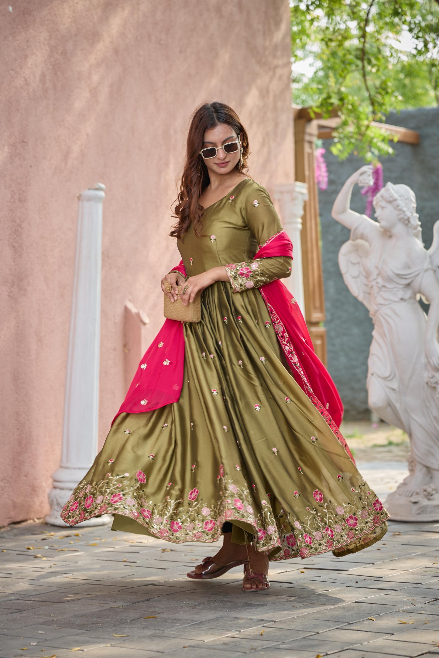 Pure Rangoli Silk Embroidered Gown-Pant-Dupatta Set