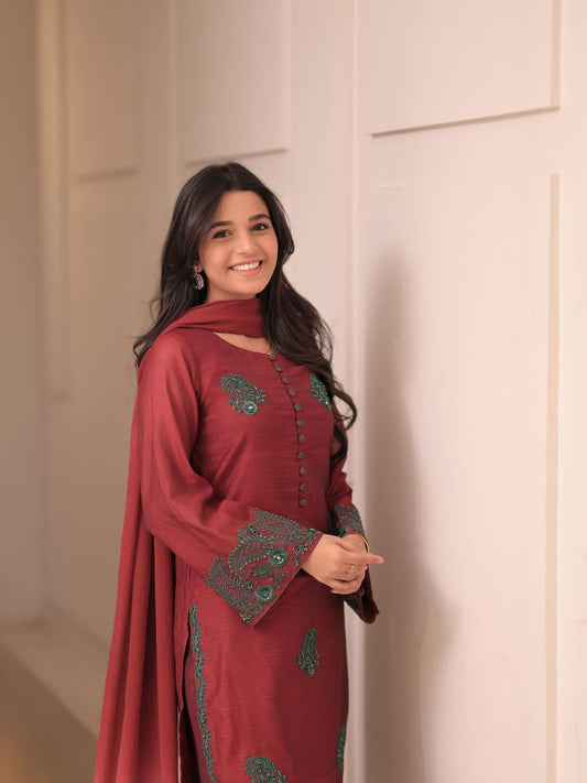 Premium French Crepe Silk Embroidered Suit Set
