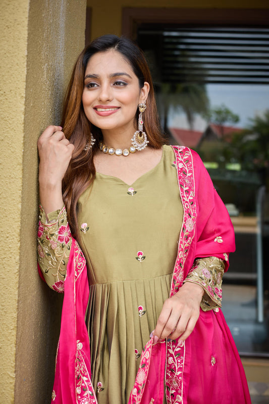 Pure Rangoli Silk Embroidered Gown-Pant-Dupatta Set