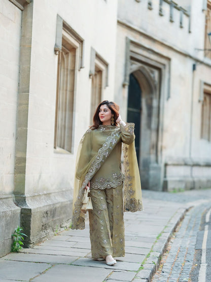 Designer French Crepe Silk Embroidered Sharara Set