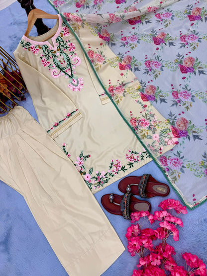 Premium Designer Party Wear Crepe Top & Farshi Palazzo Set with Printed Dupatta