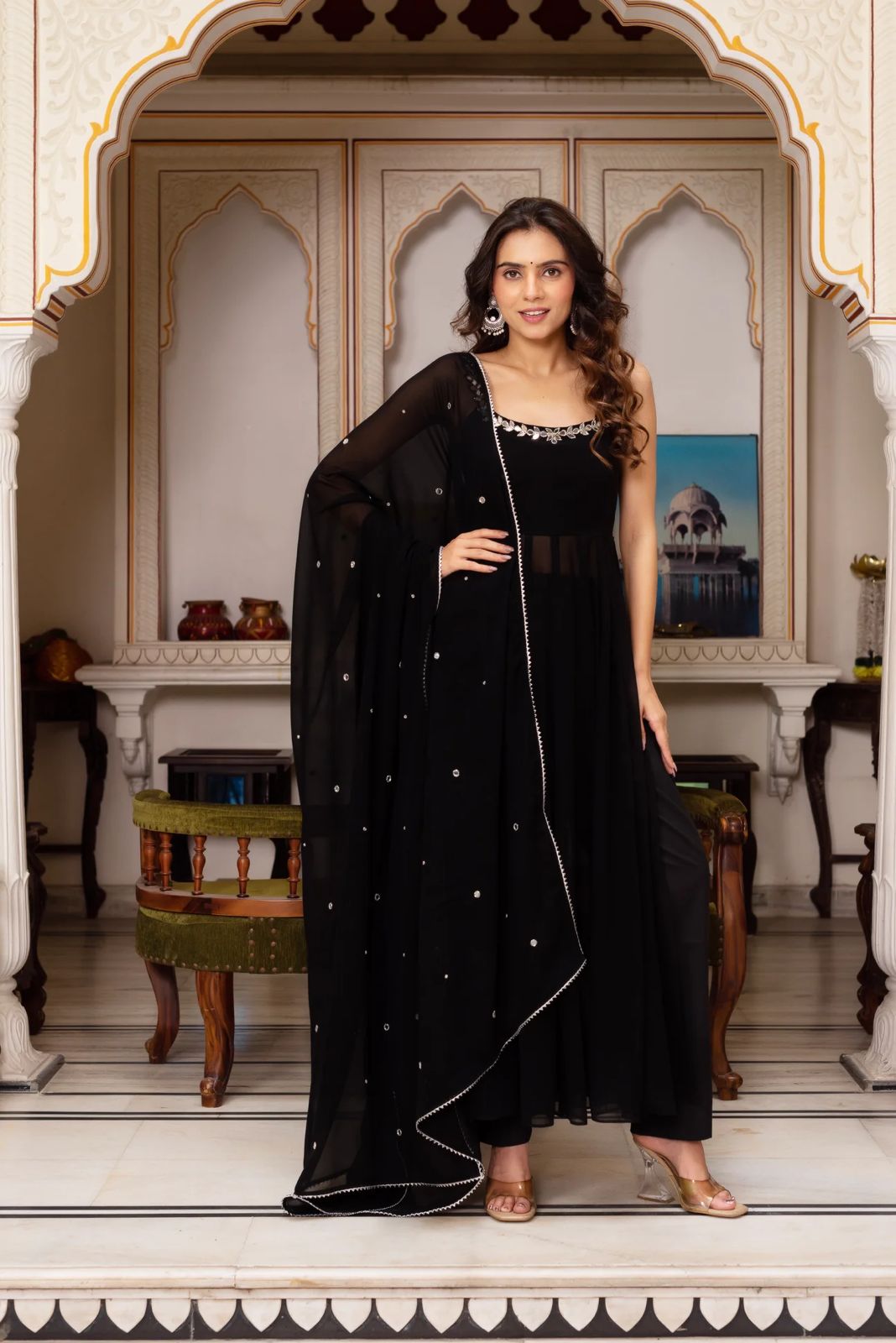 Real Mirror Work Faux Georgette Plazzo Set