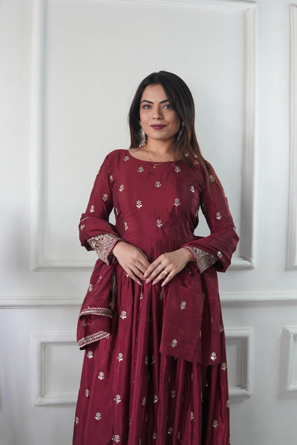 Heavy Pure Chinon Silk Embroidered Gown Set