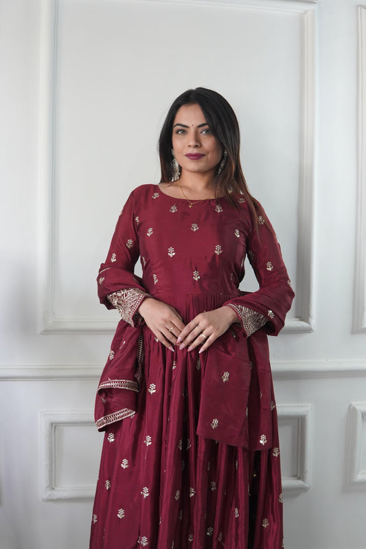 Heavy Pure Chinon Silk Embroidered Gown Set