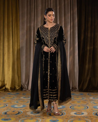 Designer Velvet Embroidered Party Wear Set – Ready to Wear