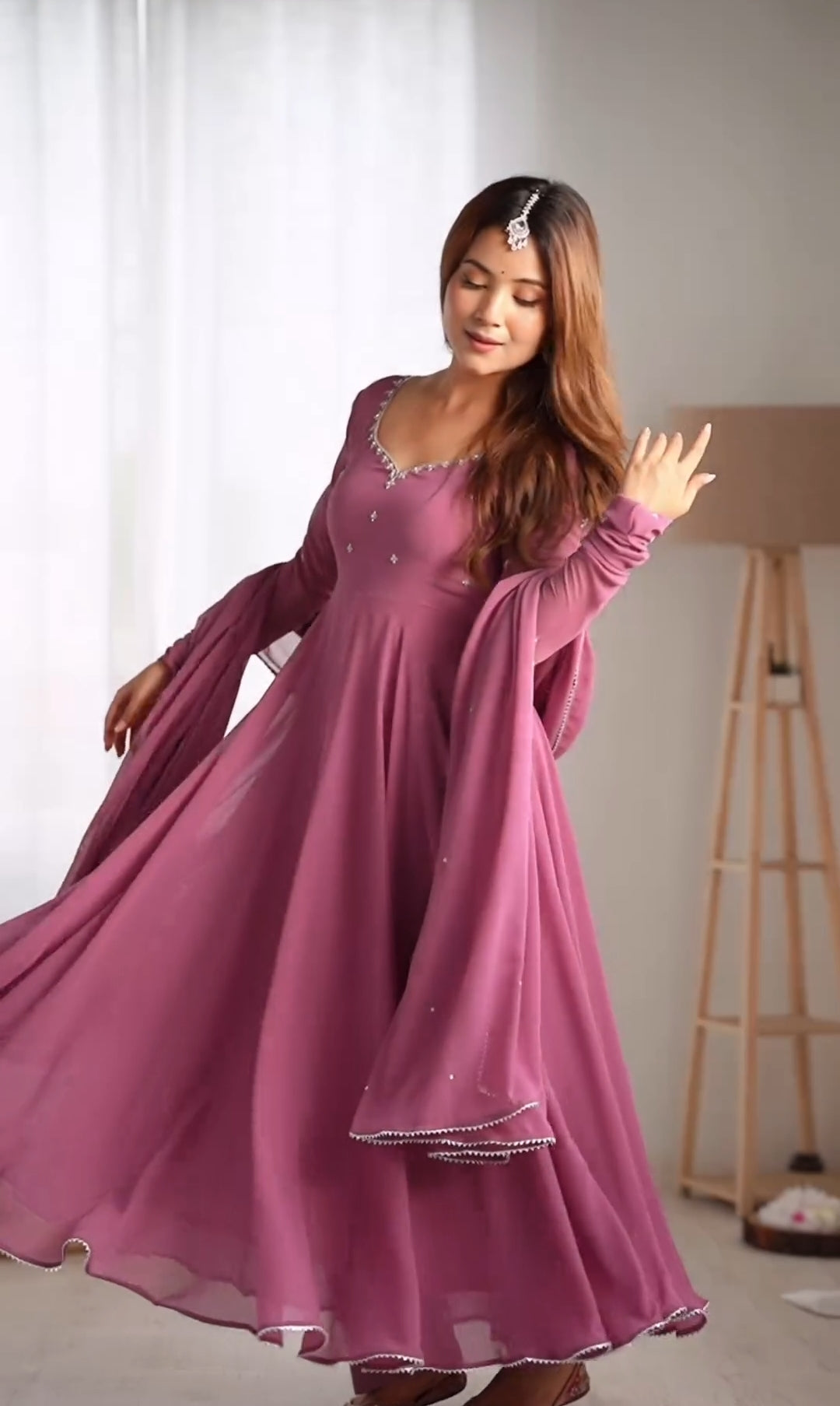 Premium Faux Georgette Embroidered Gown with Pant & Dupatta Set