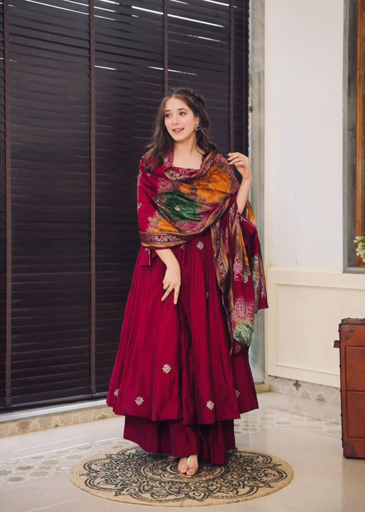 Designer Chinnon Embroidered Gown Plazzo Dupatta Set