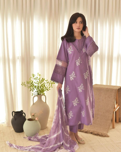 Designer Roman Silk Suit with Silver Chiffon Dupatta