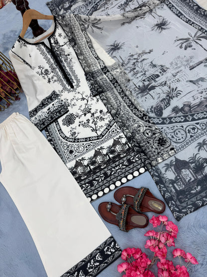 Printed Pure Malai Satin 3-Piece Co-Ord Set with Dupatta