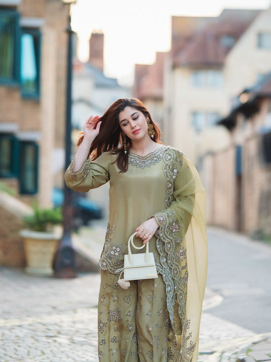 Designer French Crepe Silk Embroidered Sharara Set