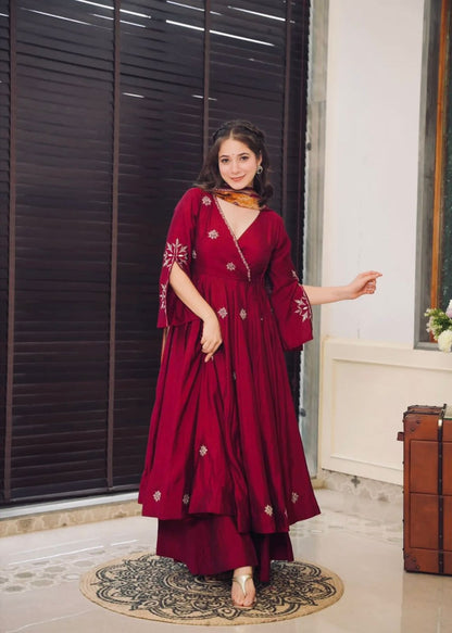 Designer Chinnon Embroidered Gown Plazzo Dupatta Set