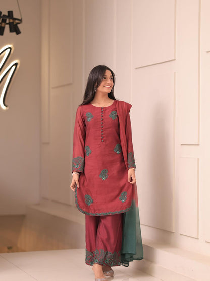 Premium French Crepe Silk Embroidered Suit Set