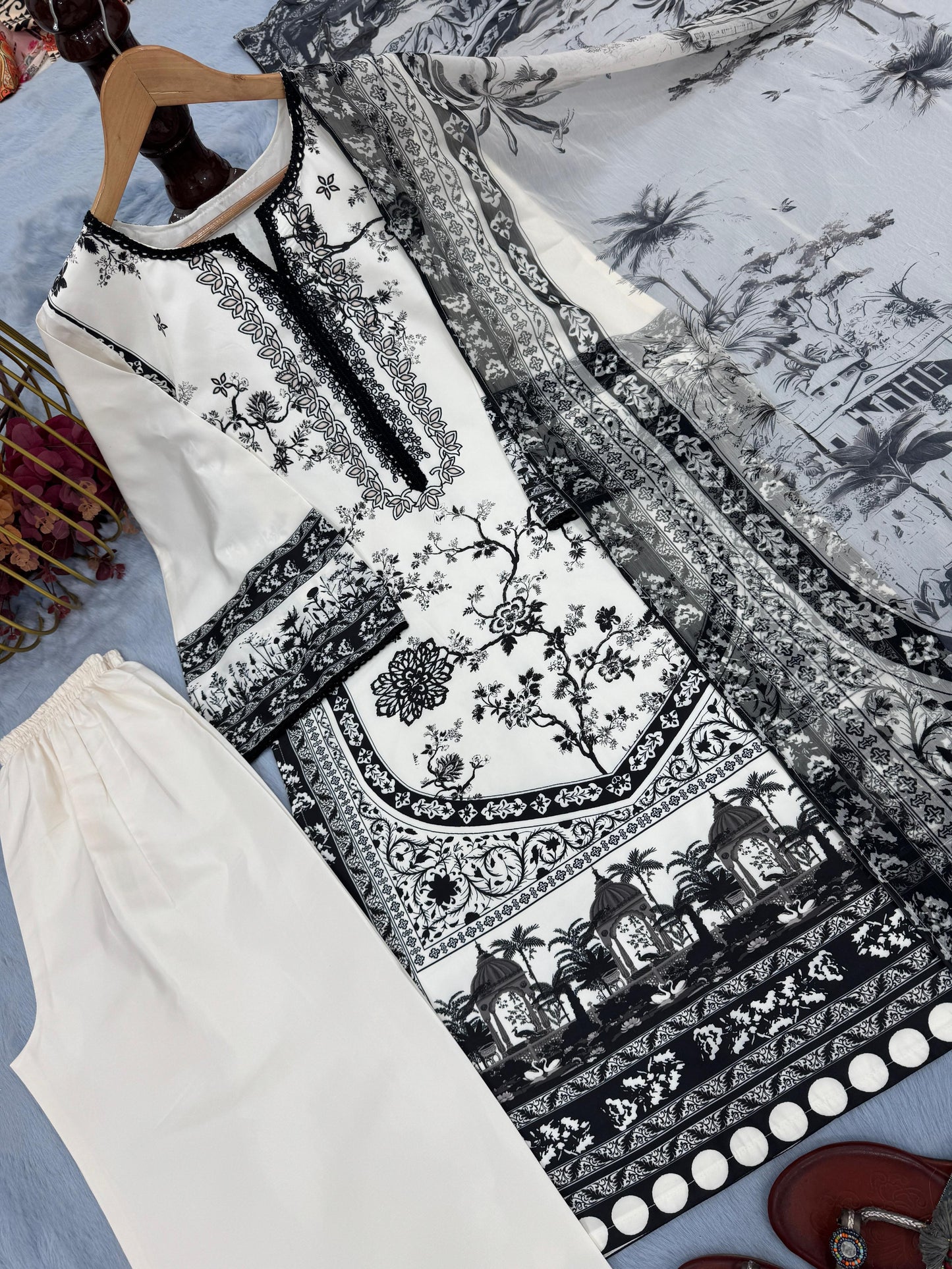 Printed Pure Malai Satin 3-Piece Co-Ord Set with Dupatta