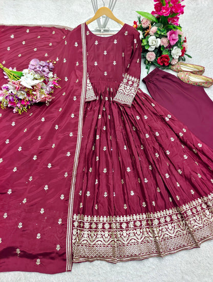 Heavy Pure Chinon Silk Embroidered Gown Set