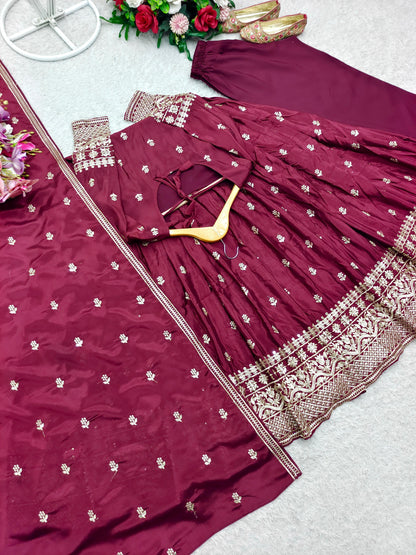 Heavy Pure Chinon Silk Embroidered Gown Set