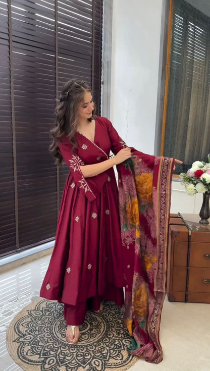 Designer Chinnon Embroidered Gown Plazzo Dupatta Set