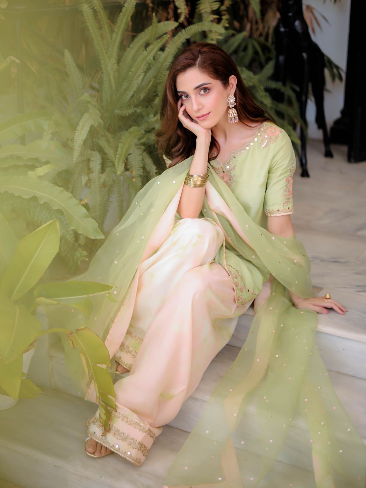 Designer Natural Crepe Top & Farshi Palazzo Set with Dupatta