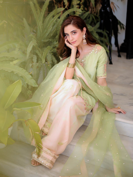 Designer Natural Crepe Top & Farshi Palazzo Set with Dupatta